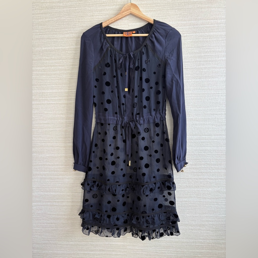 Tory Burch Sheer Navy Blue Velvet Dot logo dress  Size 0